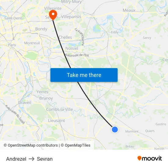 Andrezel to Sevran map