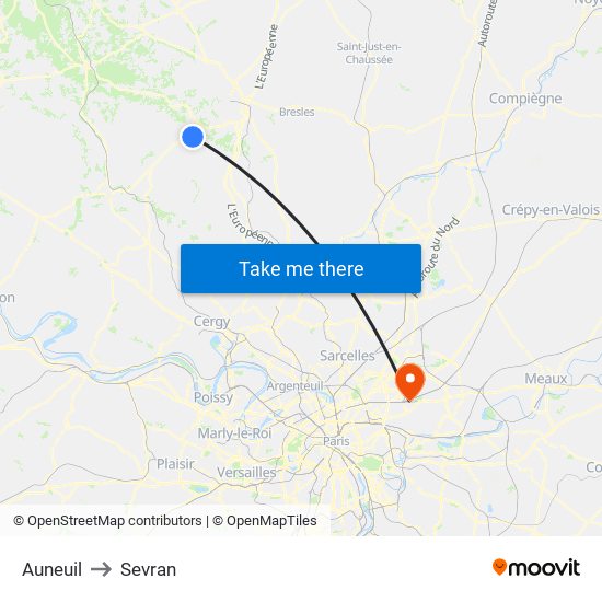 Auneuil to Sevran map