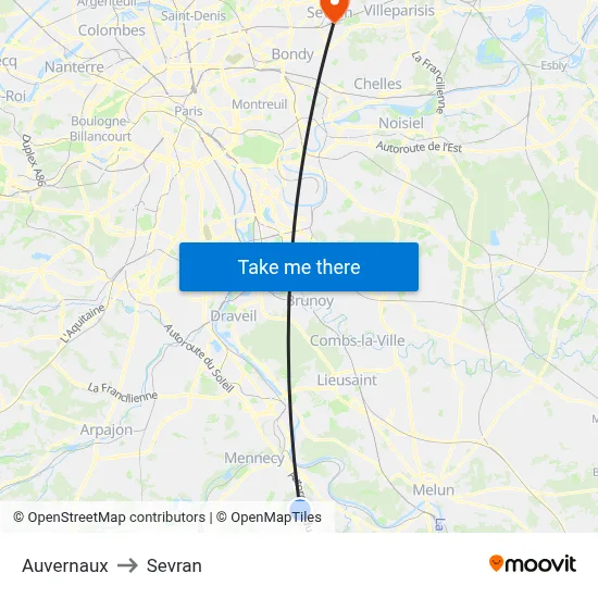 Auvernaux to Sevran map