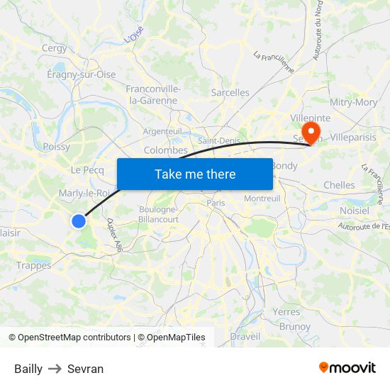 Bailly to Sevran map