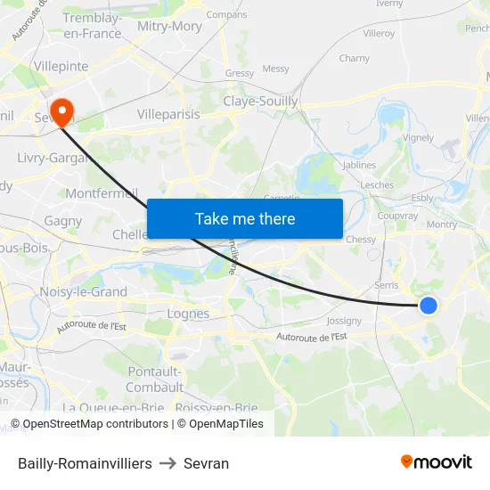 Bailly-Romainvilliers to Sevran map