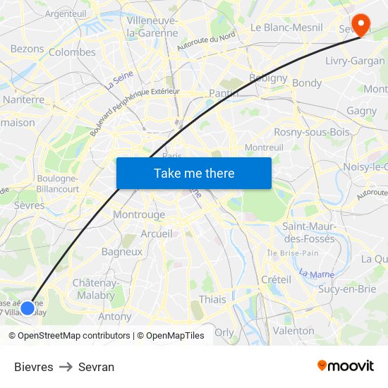Bievres to Sevran map