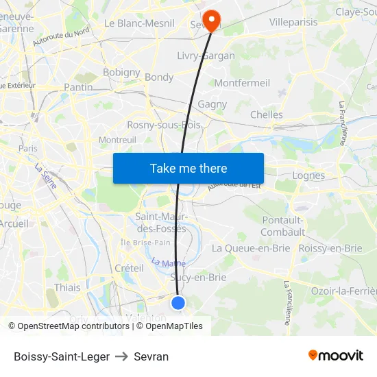 Boissy-Saint-Leger to Sevran map
