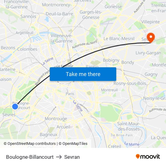 Boulogne-Billancourt to Sevran map