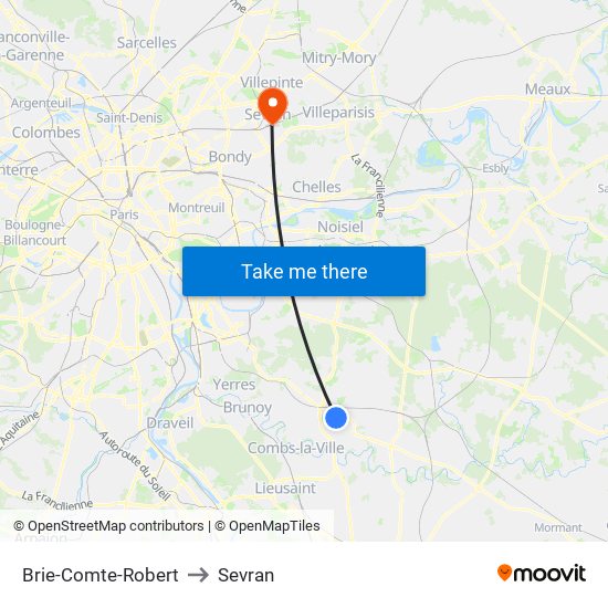 Brie-Comte-Robert to Sevran map