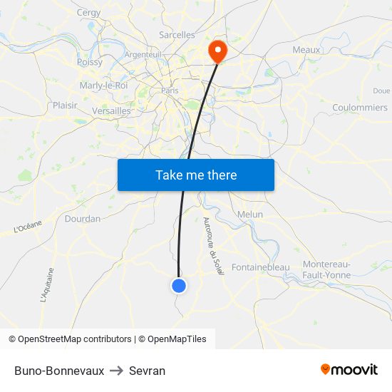 Buno-Bonnevaux to Sevran map