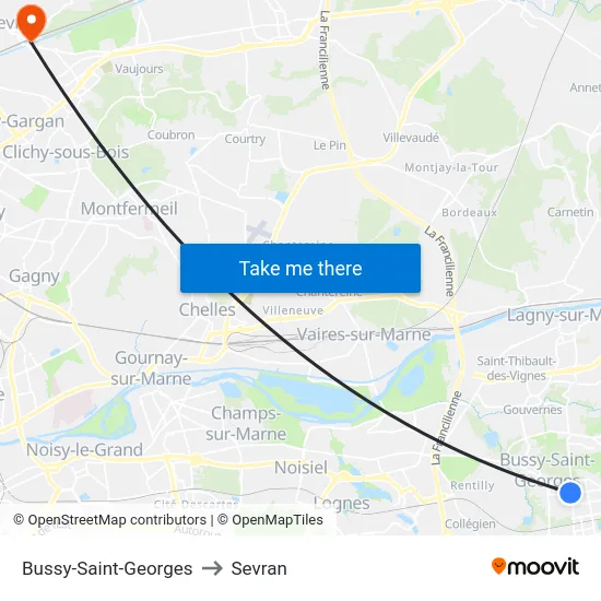 Bussy-Saint-Georges to Sevran map