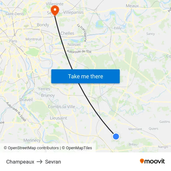 Champeaux to Sevran map