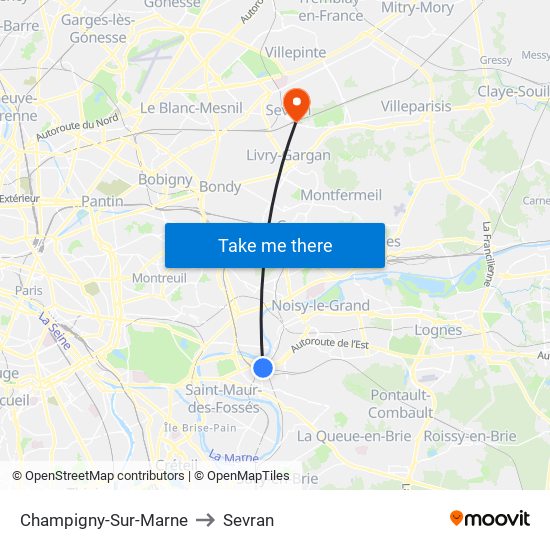 Champigny-Sur-Marne to Sevran map