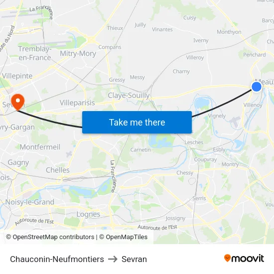 Chauconin-Neufmontiers to Sevran map