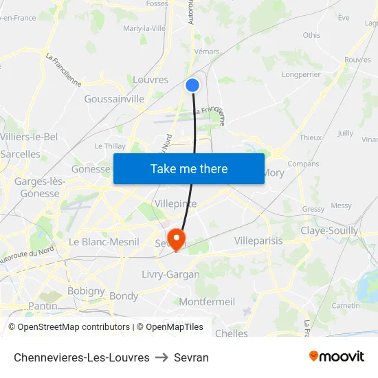 Chennevieres-Les-Louvres to Sevran map
