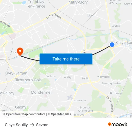 Claye-Souilly to Sevran map