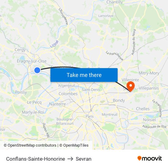 Conflans-Sainte-Honorine to Sevran map