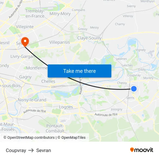 Coupvray to Sevran map