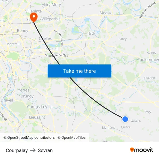 Courpalay to Sevran map