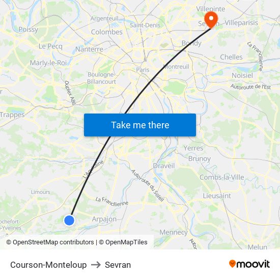 Courson-Monteloup to Sevran map