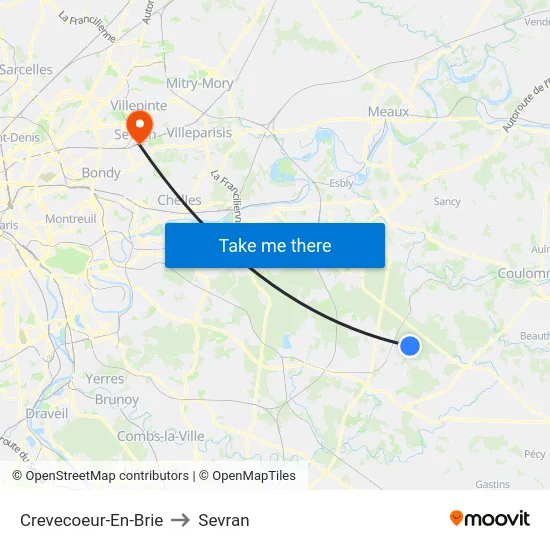 Crevecoeur-En-Brie to Sevran map