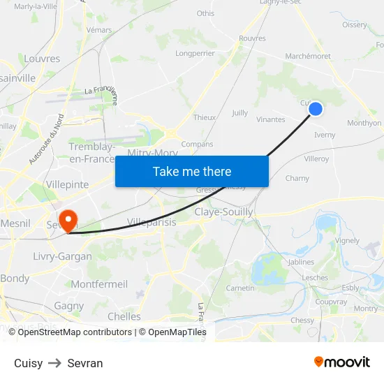 Cuisy to Sevran map