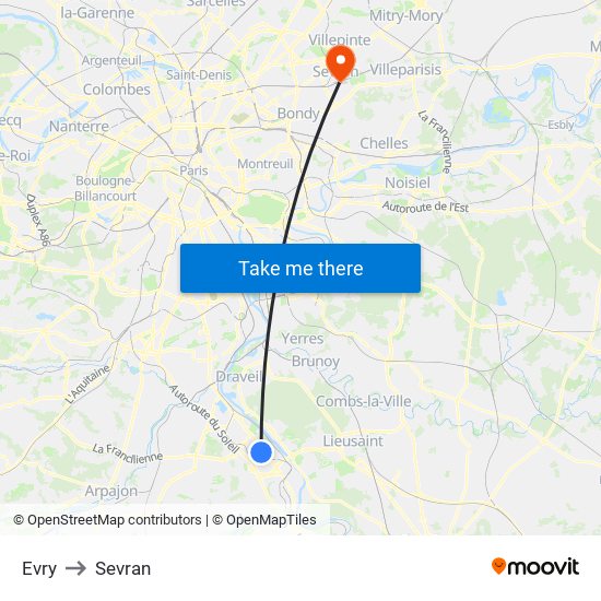 Evry to Sevran map