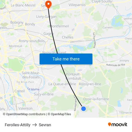 Ferolles-Attilly to Sevran map