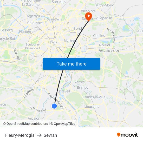 Fleury-Merogis to Sevran map