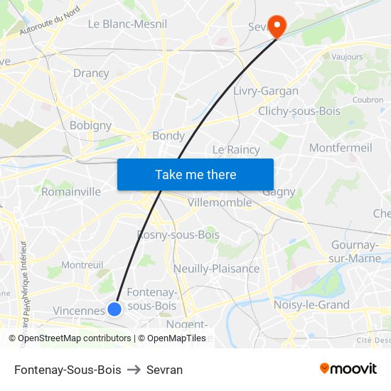 Fontenay-Sous-Bois to Sevran map