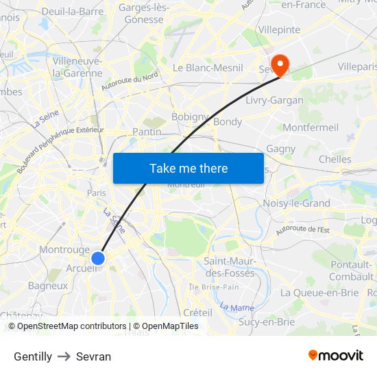 Gentilly to Sevran map
