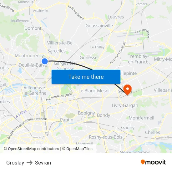 Groslay to Sevran map