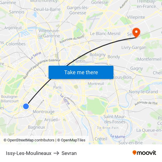 Issy-Les-Moulineaux to Sevran map