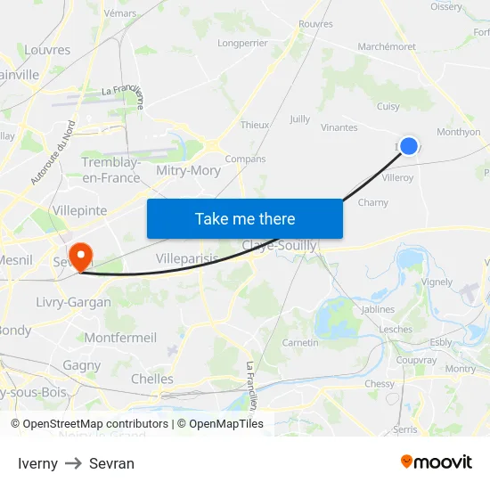 Iverny to Sevran map