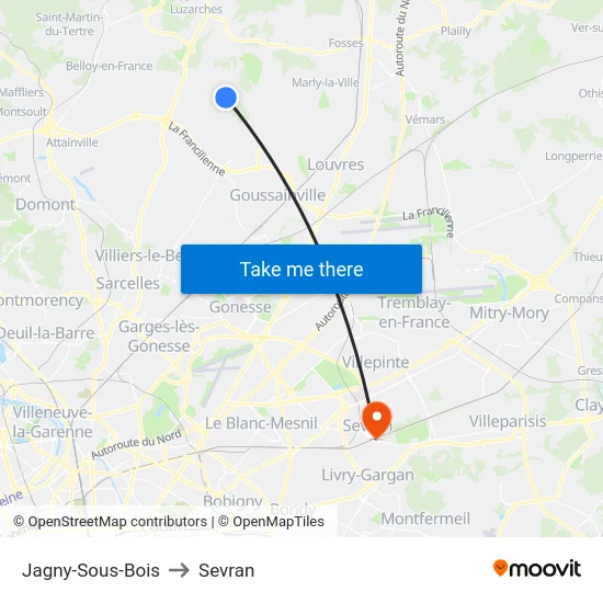 Jagny-Sous-Bois to Sevran map