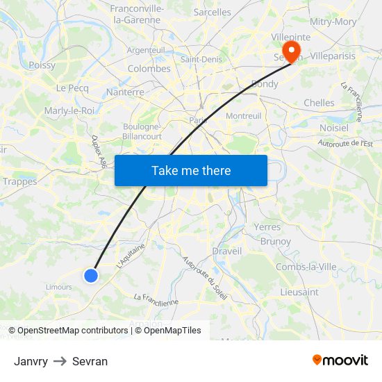 Janvry to Sevran map