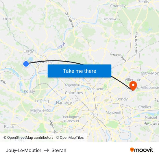 Jouy-Le-Moutier to Sevran map