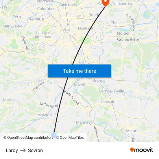 Lardy to Sevran map