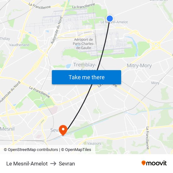 Le Mesnil-Amelot to Sevran map
