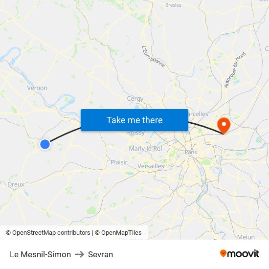 Le Mesnil-Simon to Sevran map
