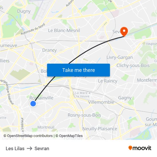 Les Lilas to Sevran map