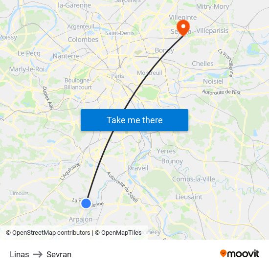 Linas to Sevran map