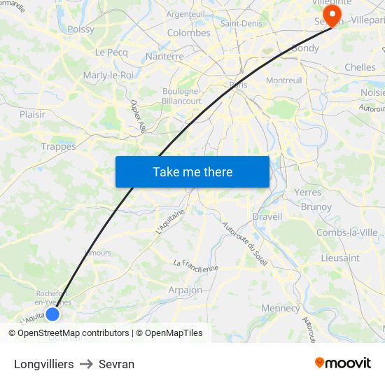 Longvilliers to Sevran map