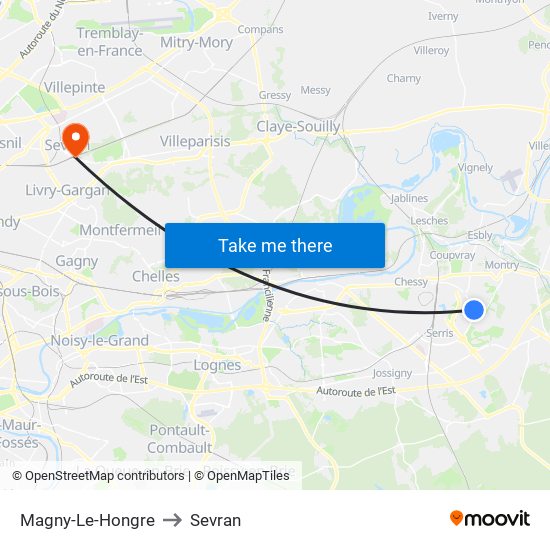 Magny-Le-Hongre to Sevran map