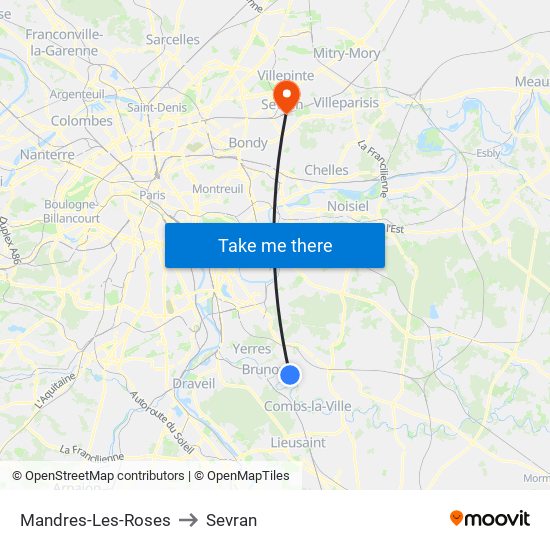 Mandres-Les-Roses to Sevran map