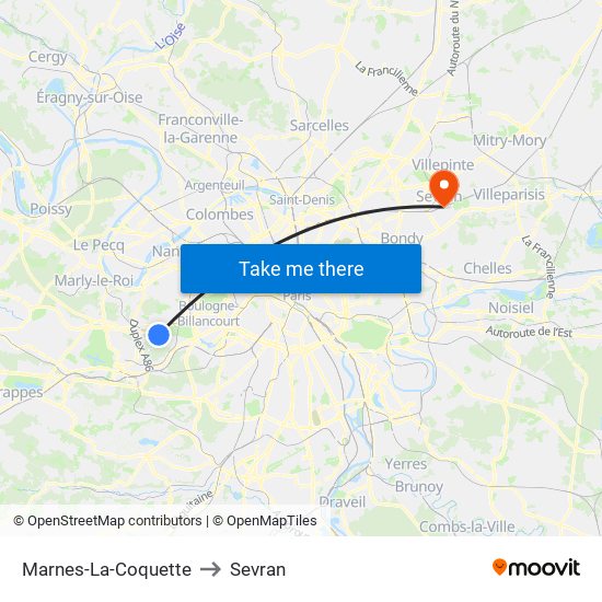 Marnes-La-Coquette to Sevran map