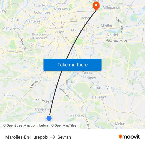 Marolles-En-Hurepoix to Sevran map