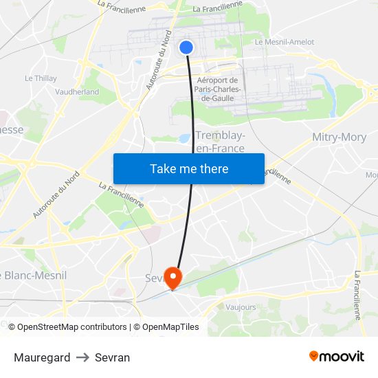 Mauregard to Sevran map