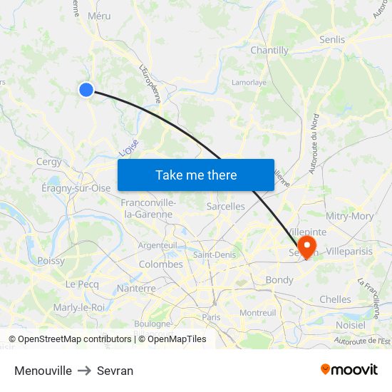 Menouville to Sevran map