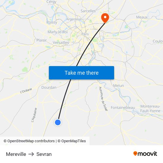 Mereville to Sevran map