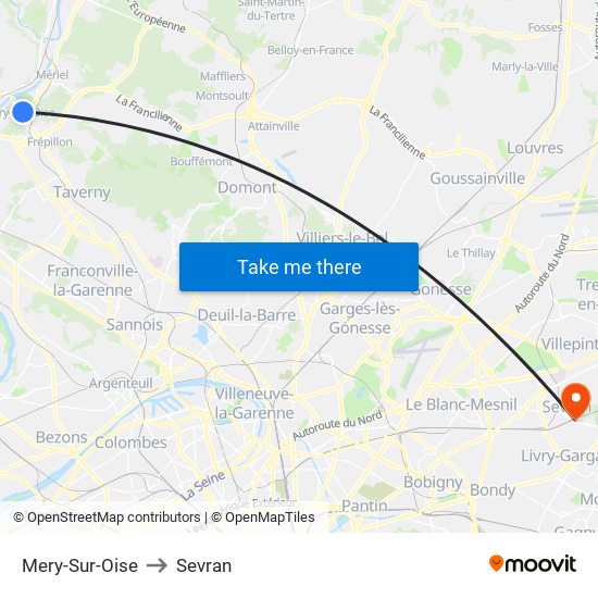 Mery-Sur-Oise to Sevran map