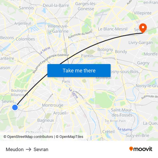 Meudon to Sevran map
