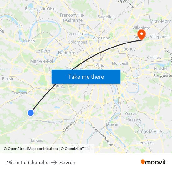 Milon-La-Chapelle to Sevran map