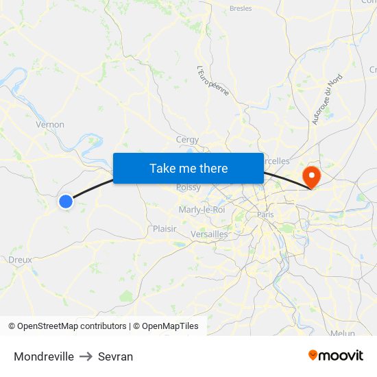 Mondreville to Sevran map